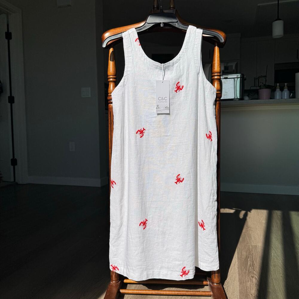 NWT C&C California Linen Blend Lobster Embroidered Shift Dress White Red XS
